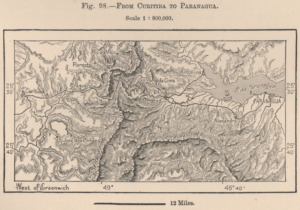 From Curitiba to Paranagua. Brazil. Parana 1885 old antique map plan chart